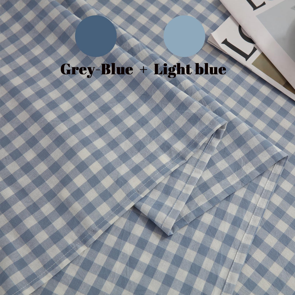 Blue Gingham Duvet Cover Set, 100% Washed Cotton Linen Like
