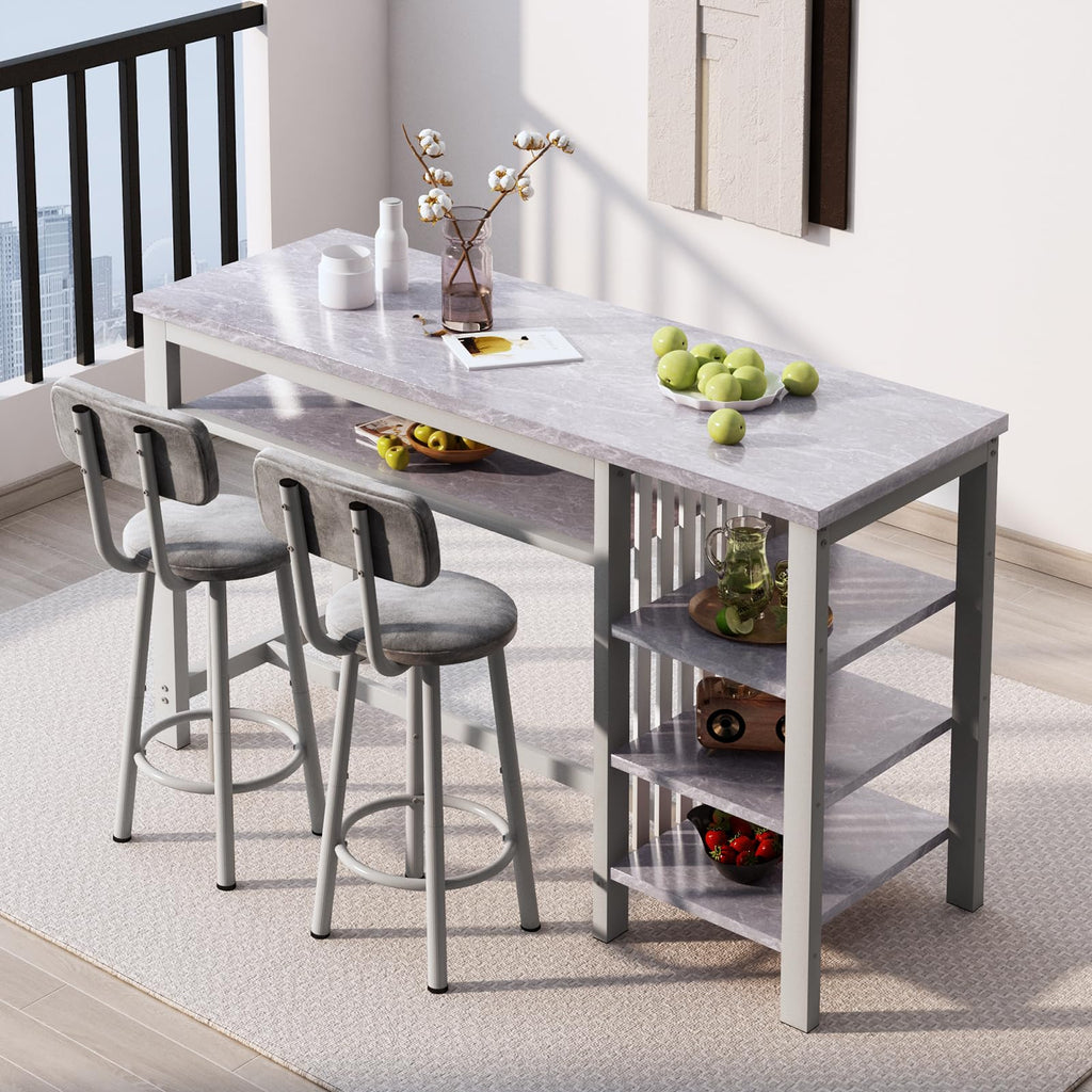 3-Piece Bar Table and Chairs Set, Modern Gray Table with 2 PU Cushion Bar Stools, Kitchen Counter with 3 Tier Storage