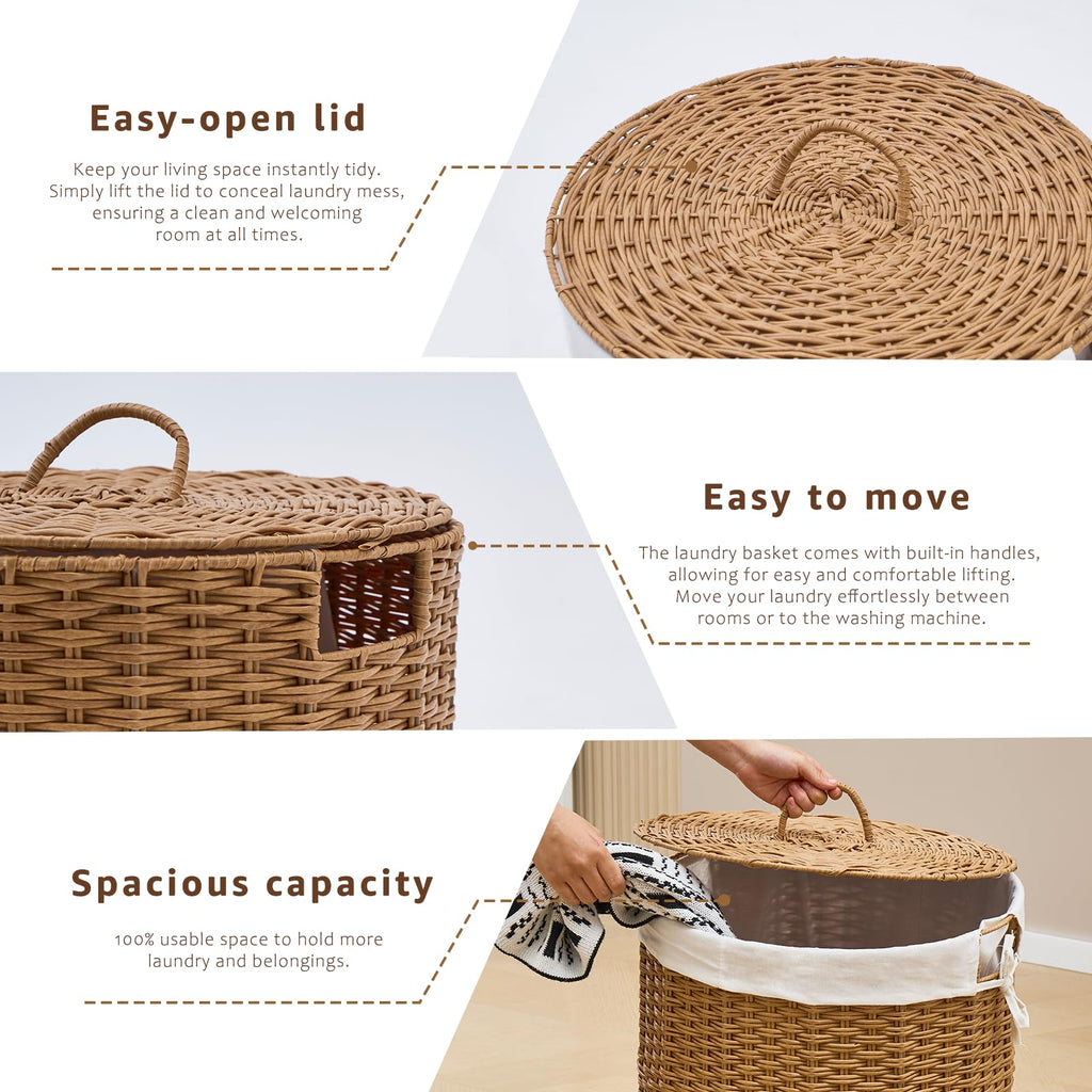 Round Wicker Laundry Hamper with Lid Handwoven Rattan Basket with Handles for Dirty Clothes, 2 Washable Liner Bags