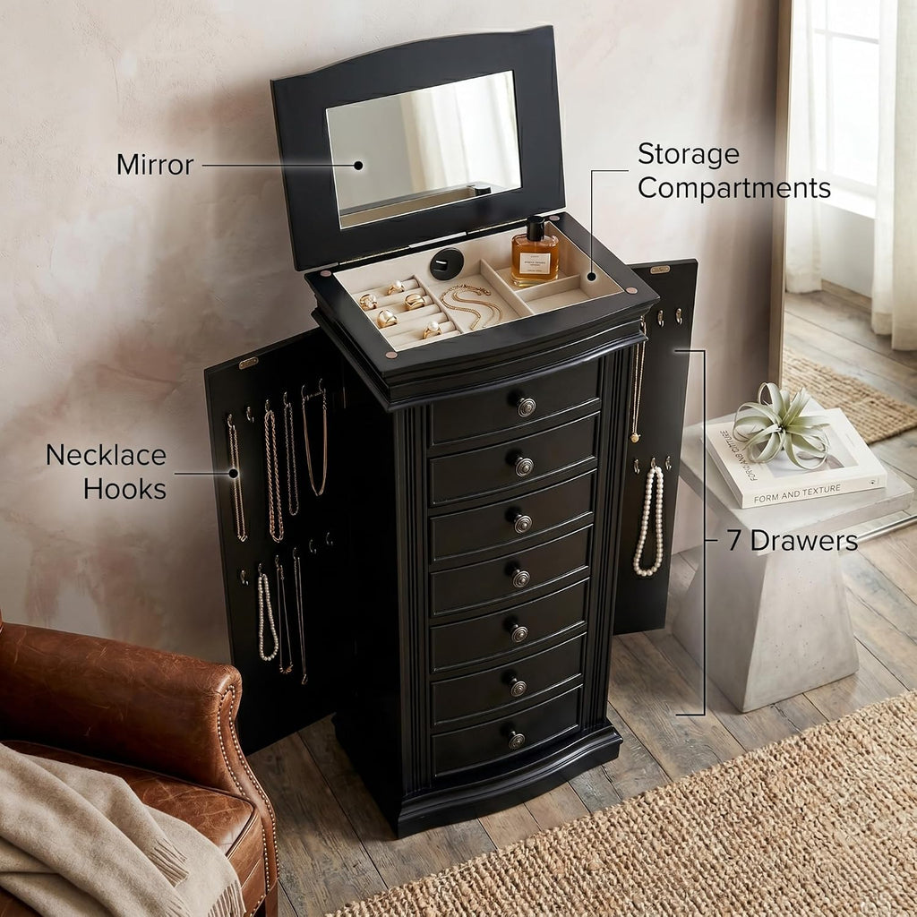 Luke Standing Jewelry Armoire - Large 7-Drawer Wooden Organizer with Mirror, Side Doors, and Anti-Tarnish Lining