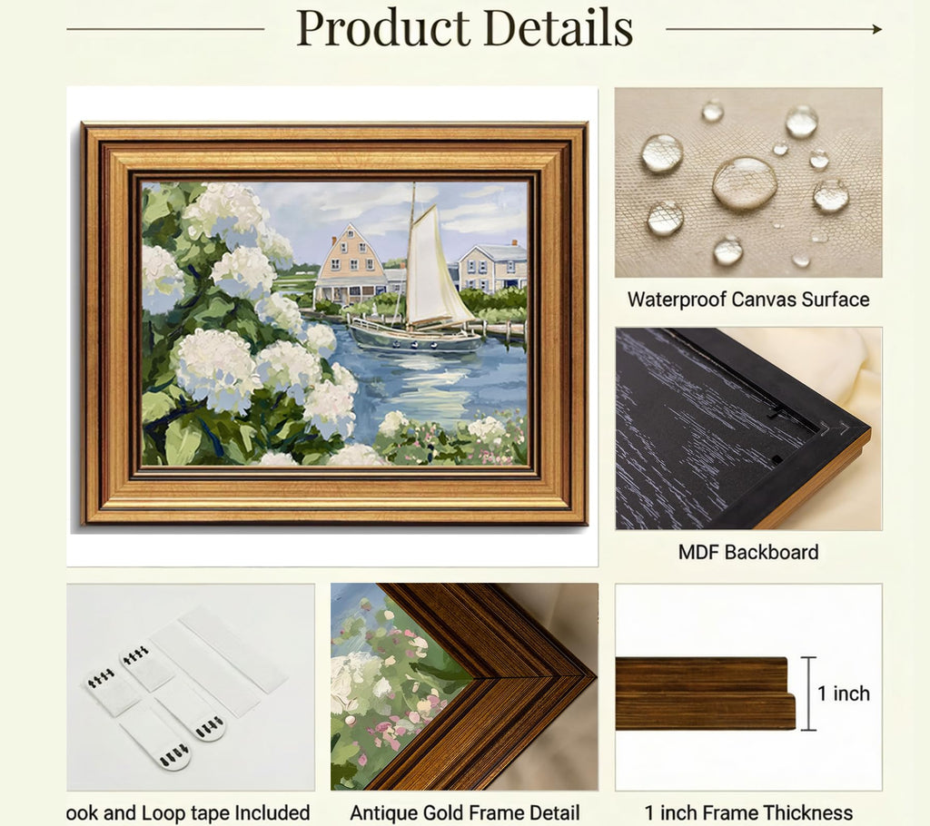 Gold Framed Vintage Coastal Canvas Wall Art, Hydrangea Seascape Wall Decor