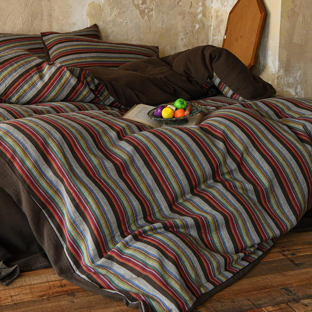 Retro Striped Duvet Cover 100% Cotton Muslin Gauze Bedding Set