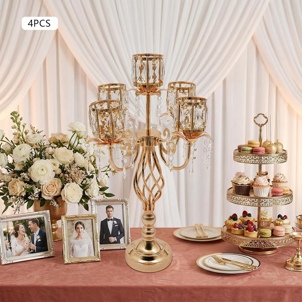 5-Arm Crystal Candelabra Centerpiece, 4PCS Gold Luxury Candle Holder | Fit 2.75 Inch LED Electronic Candles, for