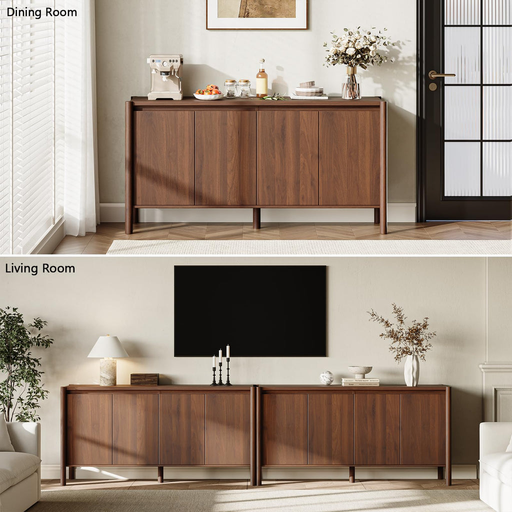 59 Inch Walnut Buffet Cabinet, Mid Century Wood Sideboard Storage