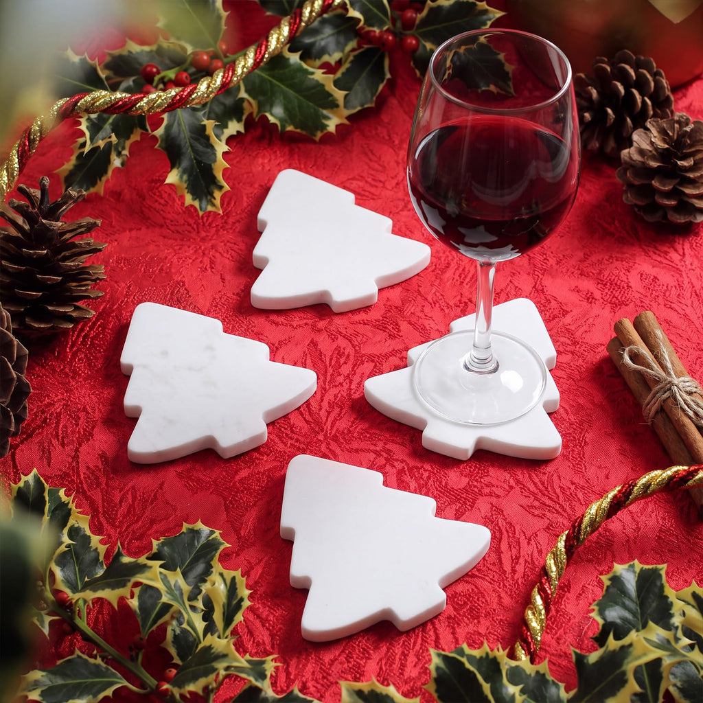 4pcs Marble Coasters Christmas Trees White Coasters 4.7" x 3.9"