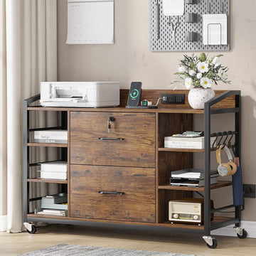 44" File Cabinet with Lock, Filing Cabinet fits Legal/Letter Size | Rustic Brown Lateral 2 Drawer Filing Cabinets