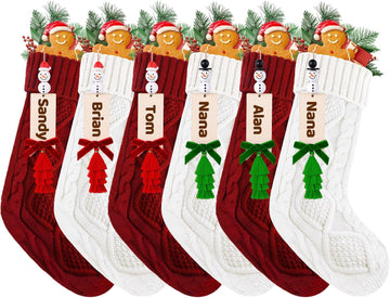Christmas Stockings 18 Inch Cable Knit Stockings with Personalized Snowman Name Tags, Red and White Large Xmas - Set of 6