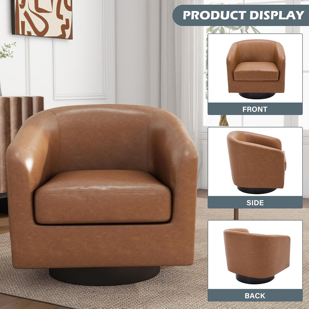 Swivel Accent Chair, PU Leather Upholstered Barrel Club Chair, Brown