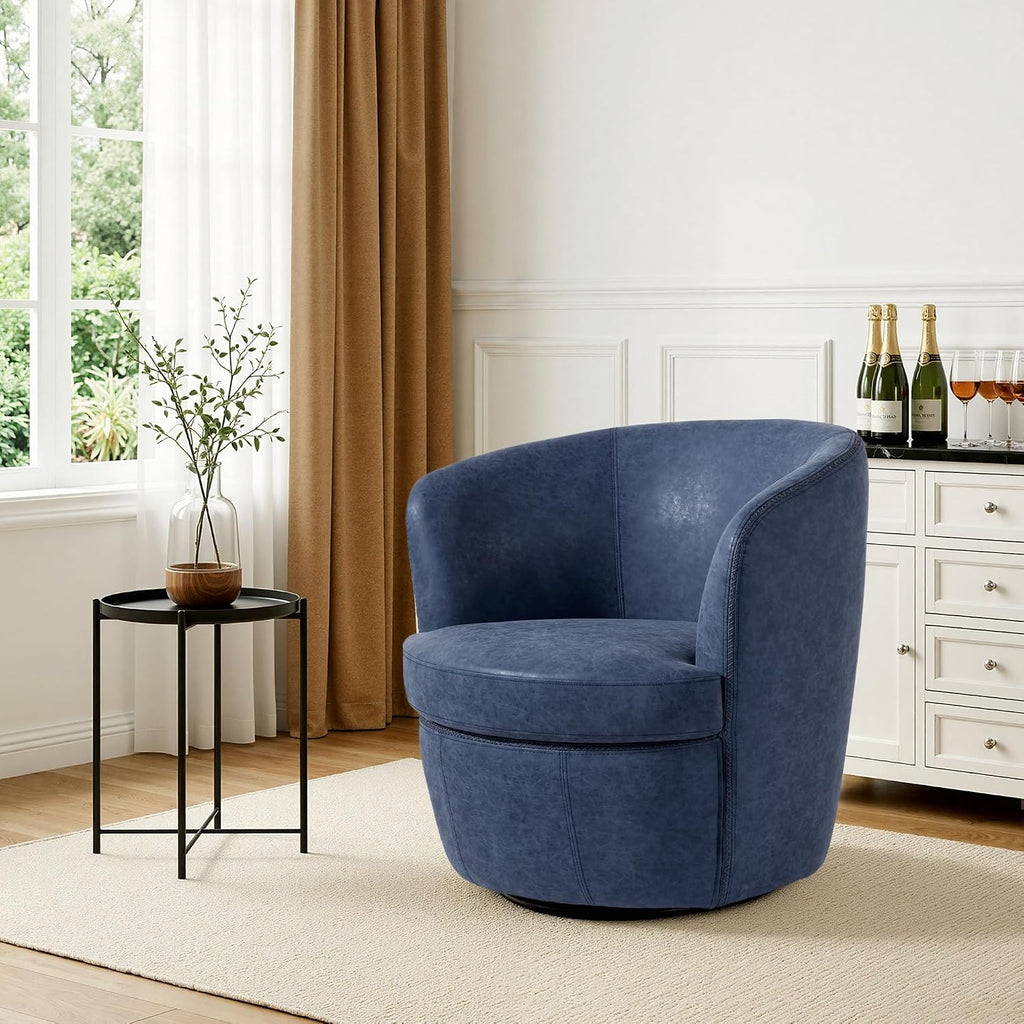 Faux Leather Swivel Accent Chairs, Barrel Club Chair, Navy - Set of 2