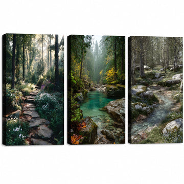 Natural Landscape Framed 3‐Panel Canvas Wall Art, Serene Woodland Path With Turquoise Creek And Wild Plants Canvas