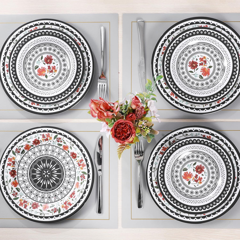 12-Piece Melamine Dinnerware Sets, Unbreakable Black white Plates and Bowls