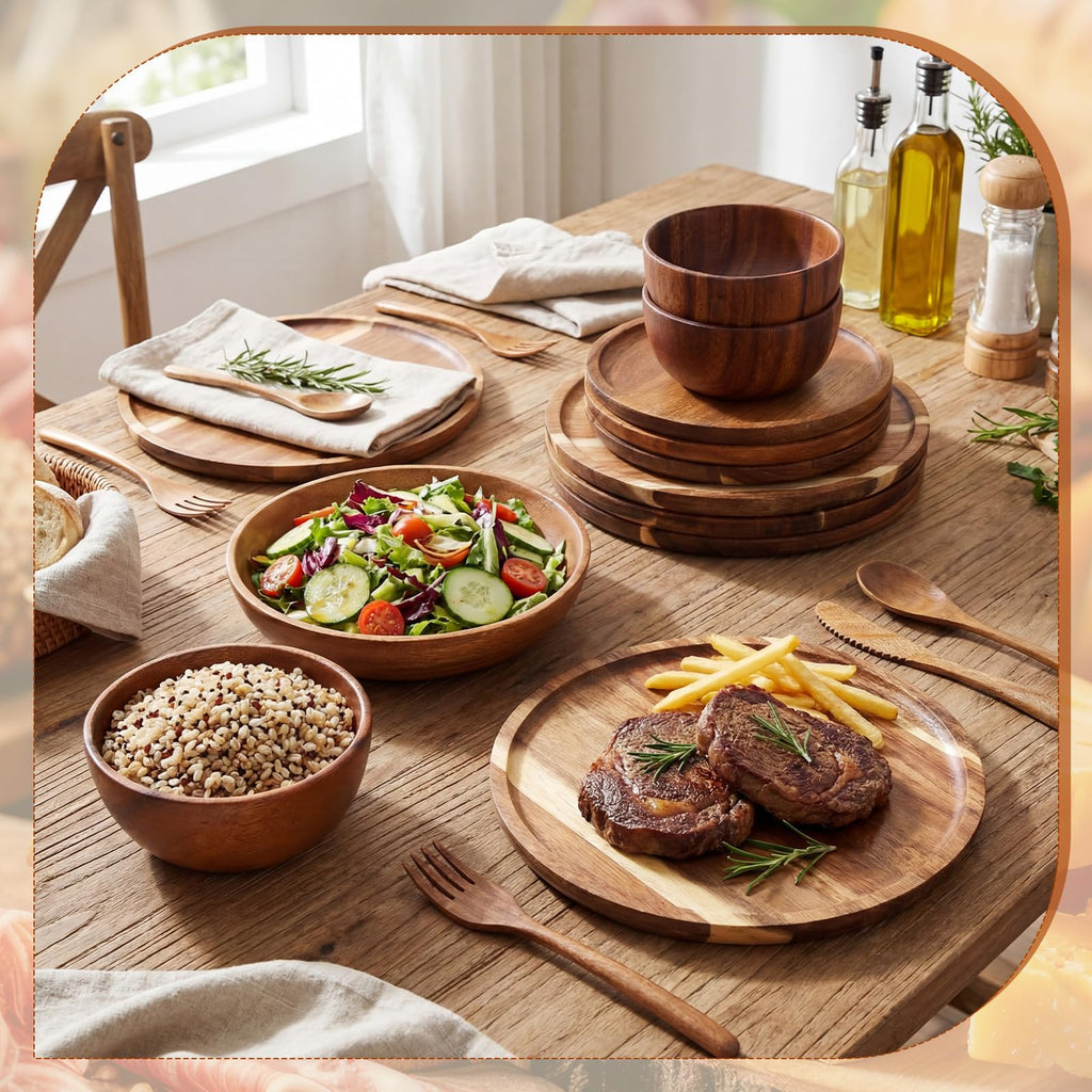 28 Pcs Acacia Wood Dinnerware Set, Wooden Plates and Bowls Set