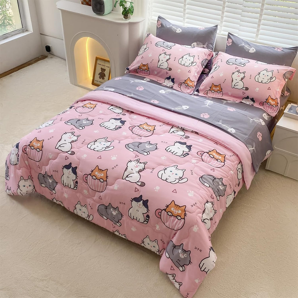 7 Piece Girls Cats Bedding Comforter Set Twin for Kids Bed in A Bag Pink Cute Cartoon Pet Cat Bedding Set for Boys