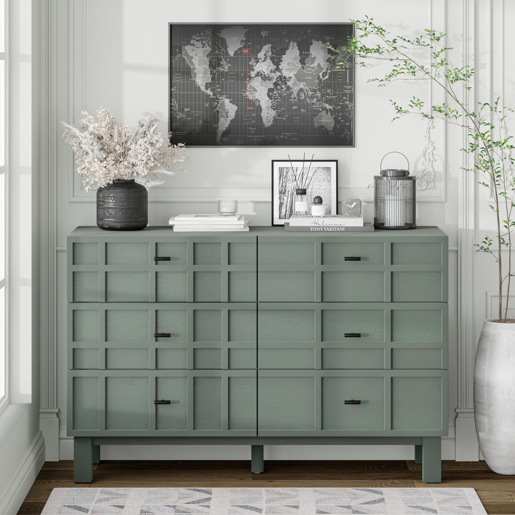 Modern 6 Drawer Double Dresser X 2P with Grid Carved Pine Front, Minimalist Chest of Drawers with Large Storage Space