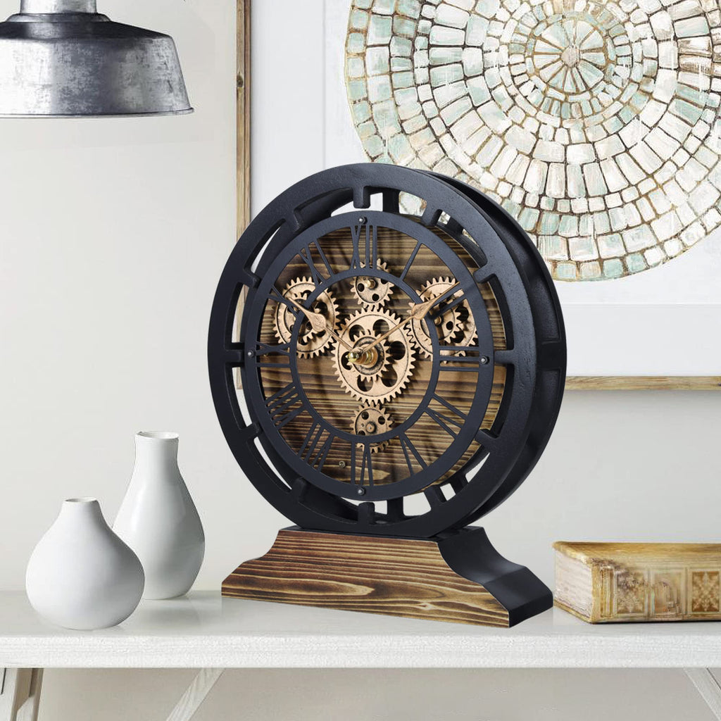 Moving Gears Clock Convertible into Wall Clock, Rustic Mantel Clocks, Brown and Black Vintage Desk Clock 10 Inch