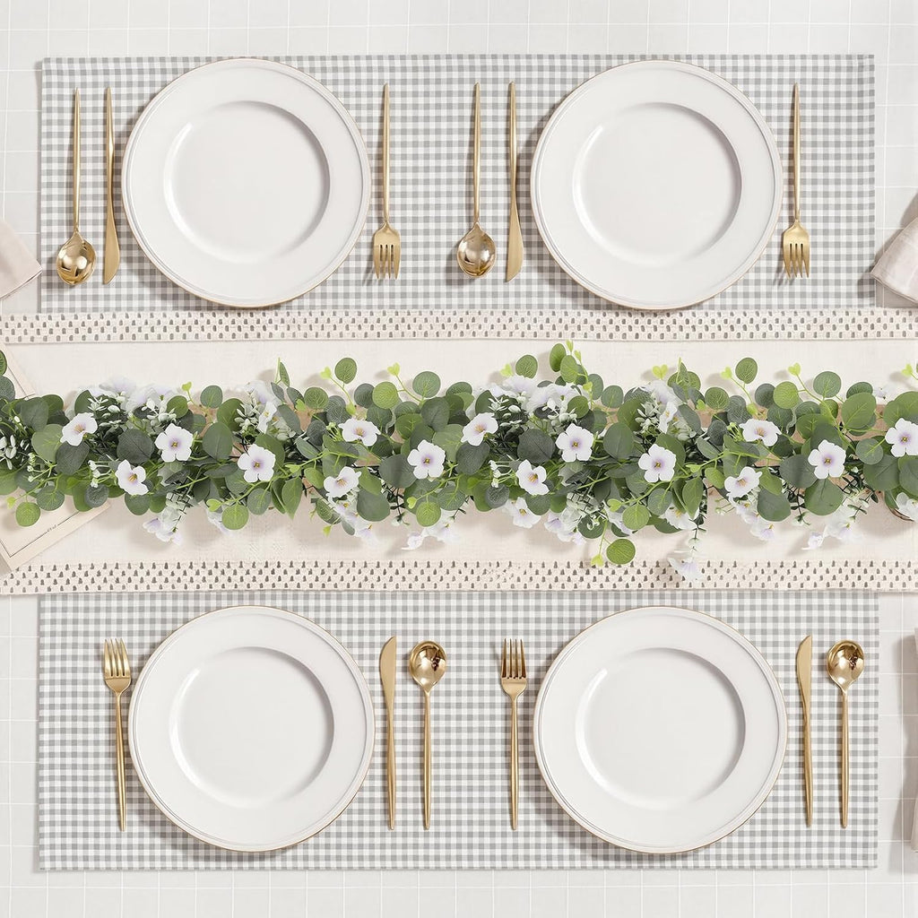 Artificial Eucalyptus Garland with Morning Glory Flowers, 2 Pack Faux Eucalyptus Leaves Greenery Garland Hanging - Set of 2