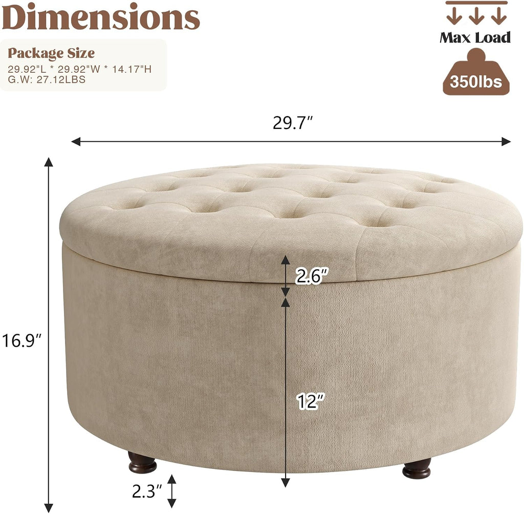 30 Inch Round Storage Ottoman,Modern Tufted Ottomans,Circular Coffee Table with Removable Top,Upholstered Large