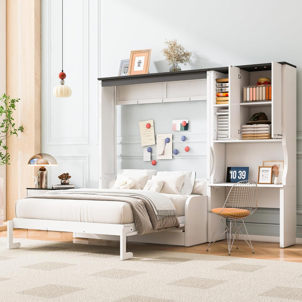 Queen Wood Murphy Bed with Upholstered Sofa & Desk, Multifunctional Foldable Wall Platform Bed for Guest-Room