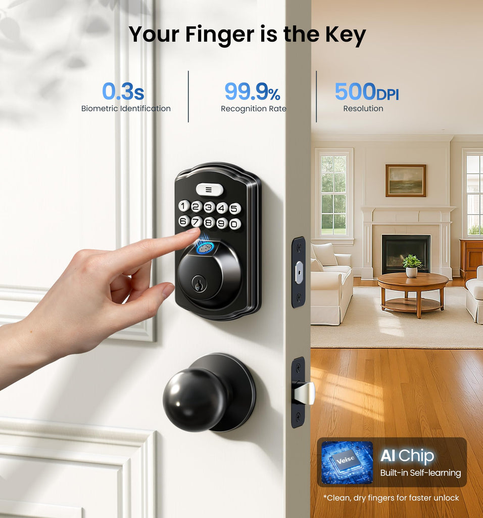 Fingerprint Deadbolt Door Lock with Knob Set, Matte Black