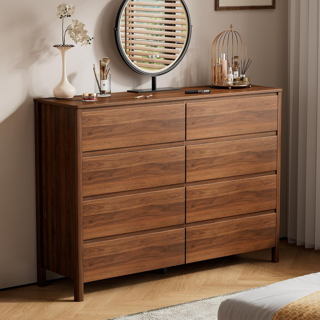 55" Mid-Century Modern Dresser , 8 Drawer Wide Chest of Drawers with Wood Legs, Large Storage Bedroom Dresser, Walnut
