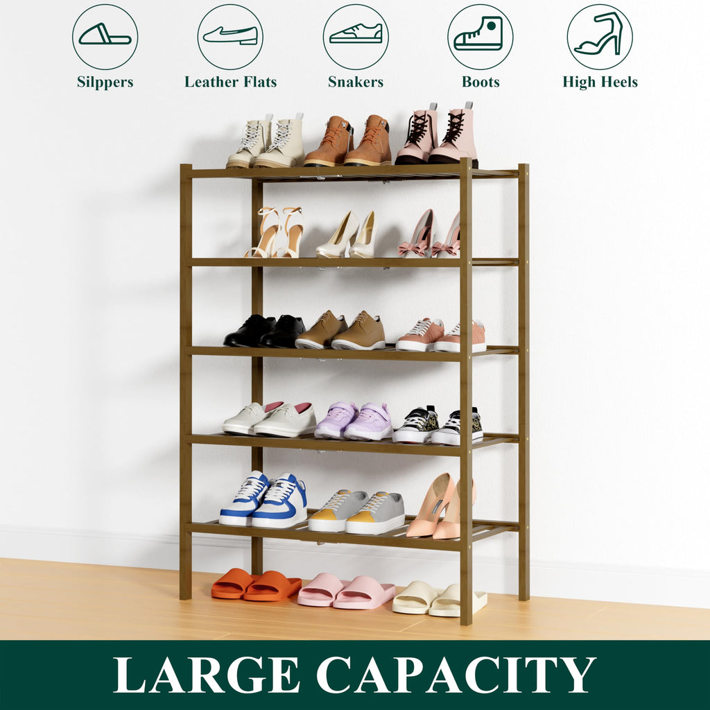 Bamboo Shoe Rack, 14 Vertical Slats, 5 Tier - 26.8" Wide, Walnut