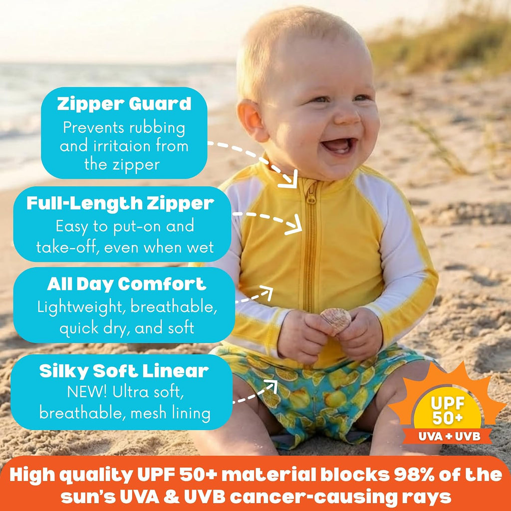 UPF 50+ Boys' Long-Sleeve Rash Guard + Soft Mesh Lined Swim Shorts