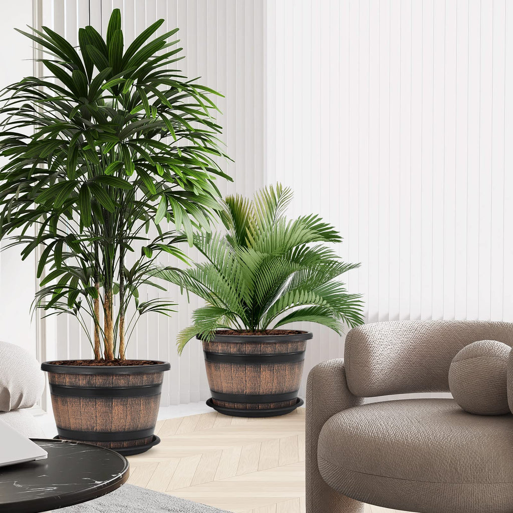 Large Plastic 3 Pack16 inch Plant Pots, Whiskey Barrel Planters