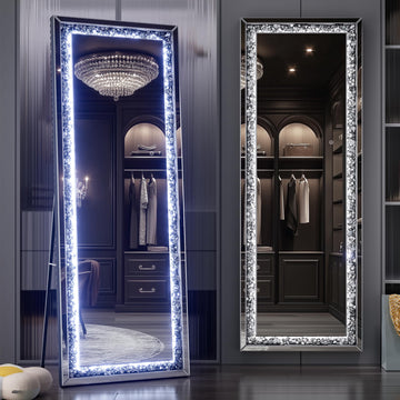 65"×22" LED Full-Length Mirror Crystal Crush Diamond, Wall Mounted Diamond Mirror Leaning Bedroom Dimming & 3 Color