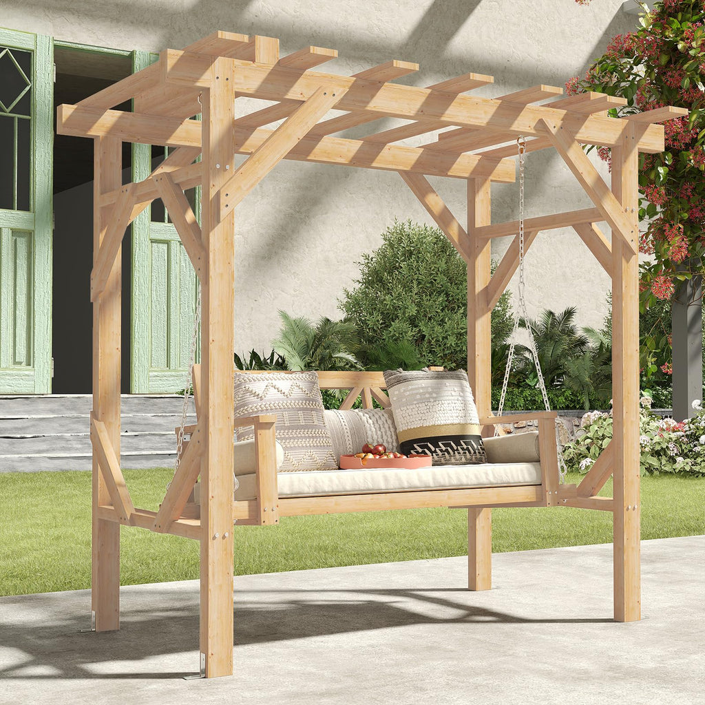 Porch Swing Cedar Wood Pergola with 3-Seat Hanging Bench, Natural