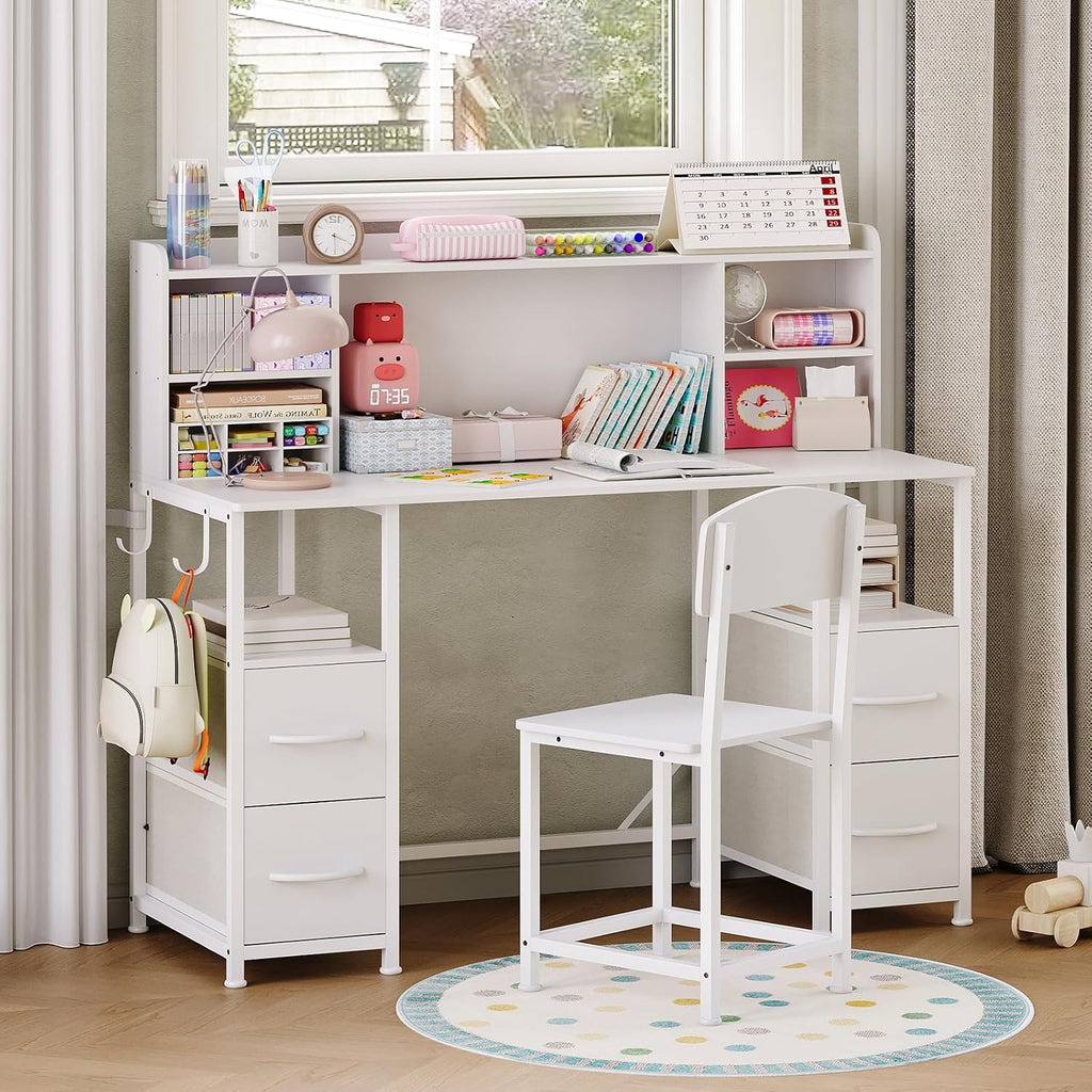 Kids Desk and Chair Set w/Hutch 4 Drawers Metal Frame Study Table, White