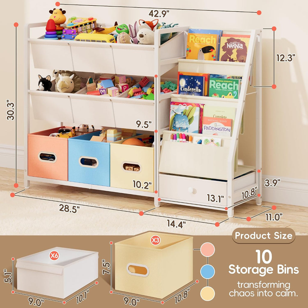 Toy Storage Organizer - Kids Bookshelf with 3 Shelf and 10 Storage Bins | Montessori Playroom Storage for Toddler
