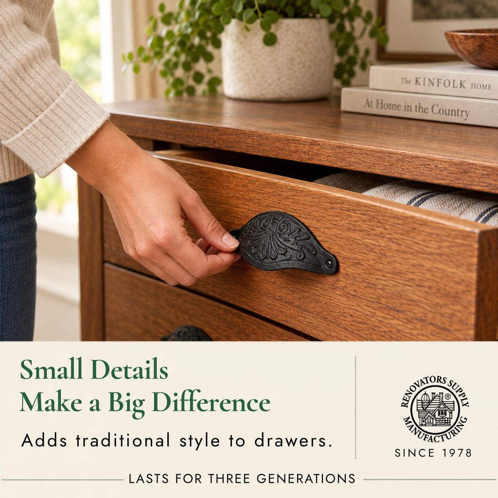 Black Wrought Iron Cup Bin Pull 4.5in Floral Drawer Hardware Pack of 6