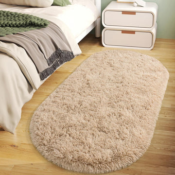 Soft Oval Beige Fluffy Rugs Washable Non-Slip, Set of 2