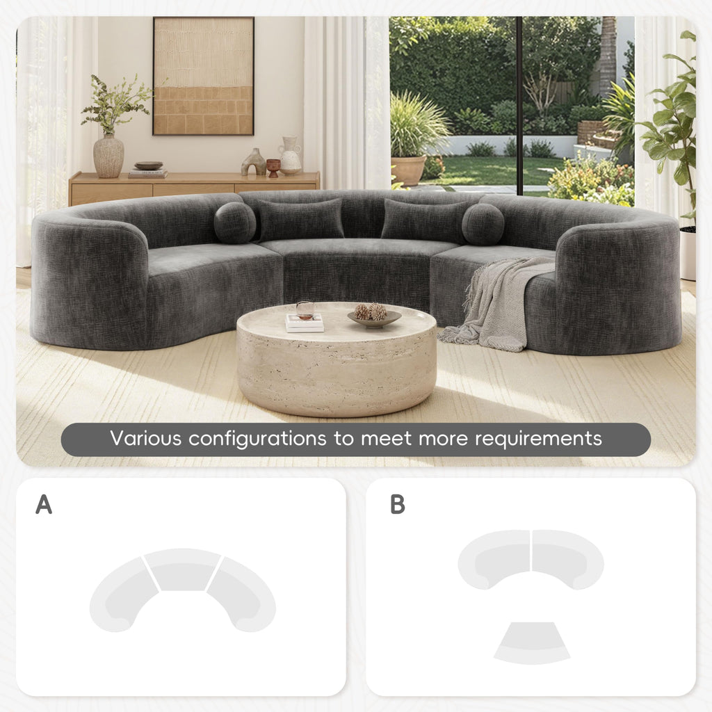 6 Seat Modular Curved Sectional Sofa, Frameless Chenille Arc Couch with 4 Pillows, Free Combination with Hook and