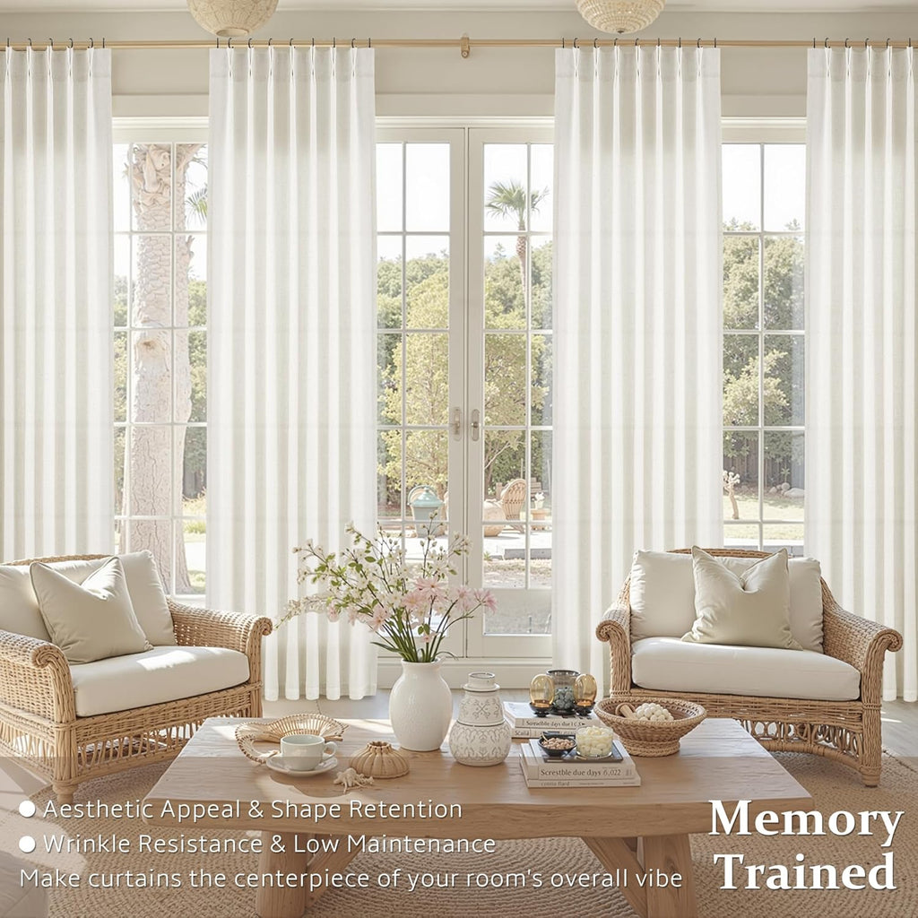 Pinch Pleated Linen Curtains Semi Sheer 98 Inches Long 2 Panels Natural Cream Curtain for Rustic Farmhouse Back Tab