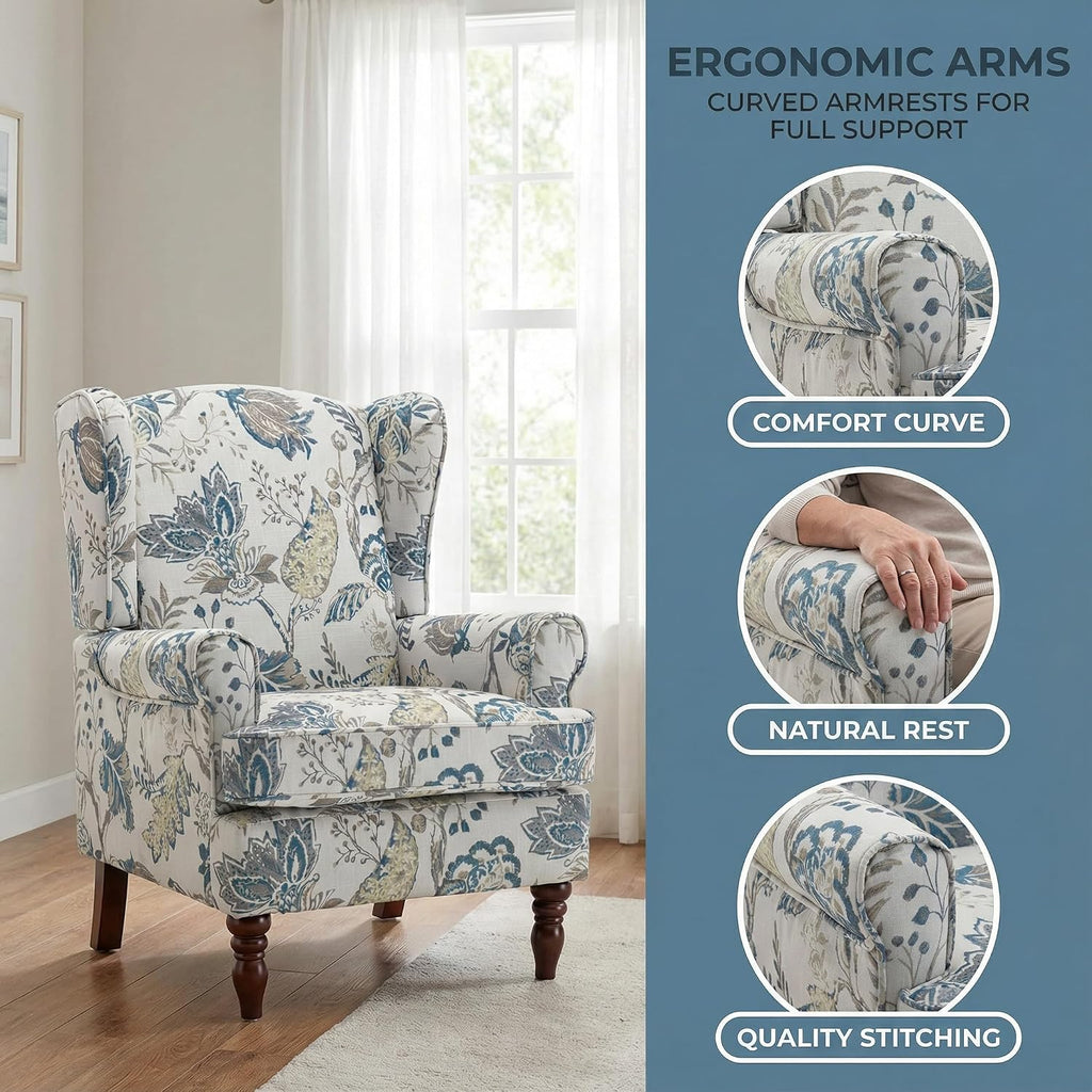 Mid Century Wingback Accent Chairs Set of 2 Blue Floral | Retro Wooden Legs Modern Linen Upholstered Armchair Floral