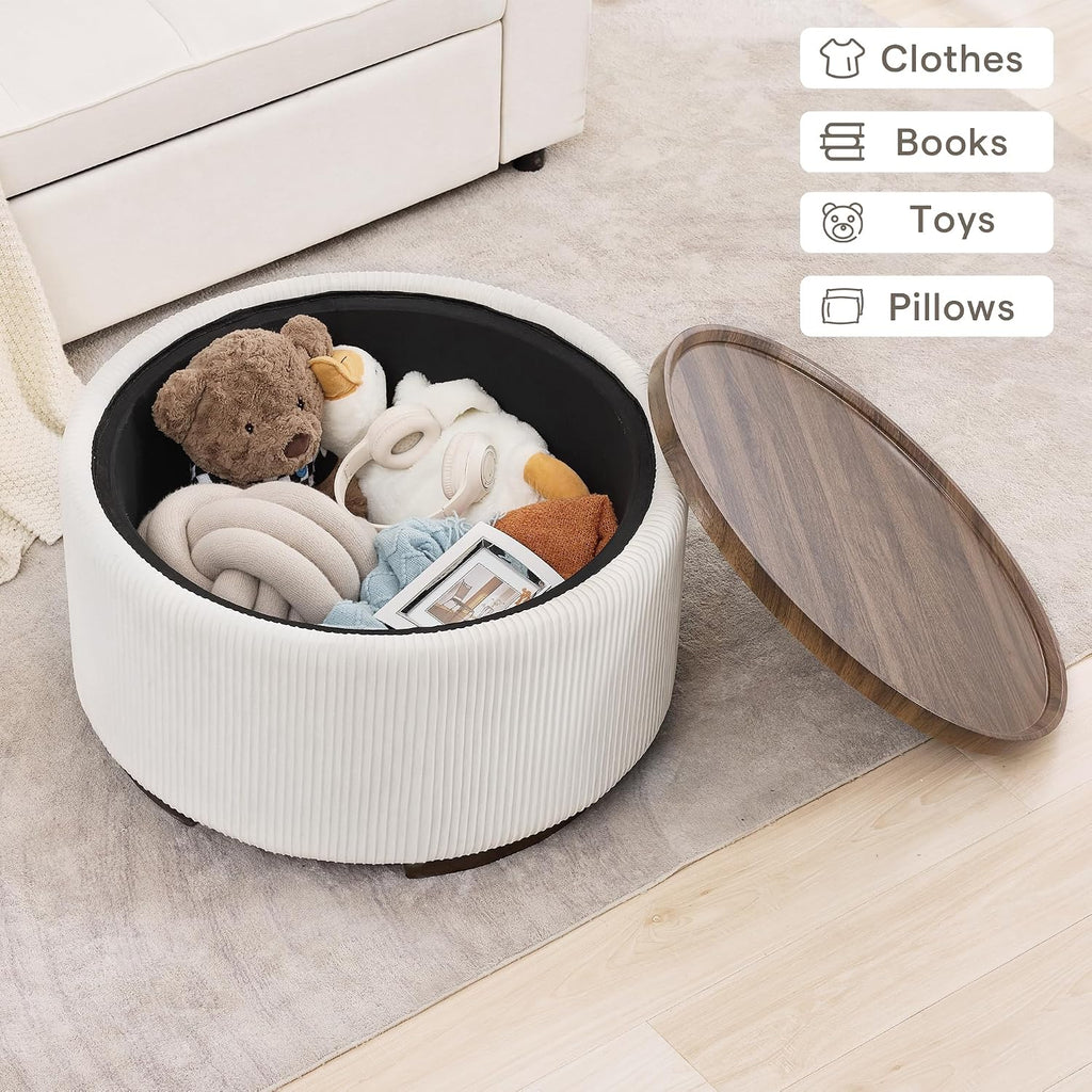 29.5 Inch Round Storage Ottoman Coffee Table, Beige Velvet | Modern Circle Coffee Table With Storage With Removable