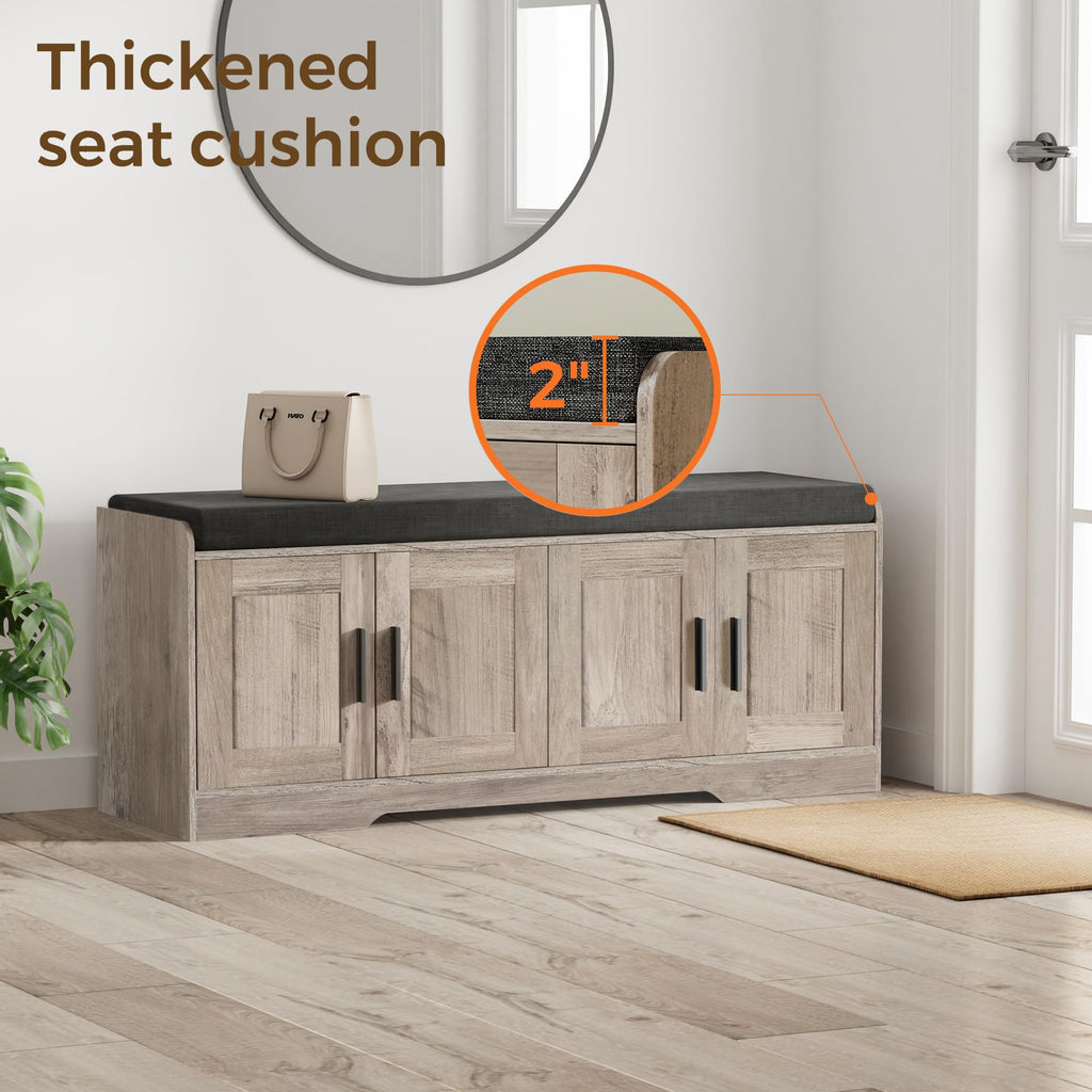 Shoe Storage Bench, 4 Doors & Thickened Padded Seat Cushion