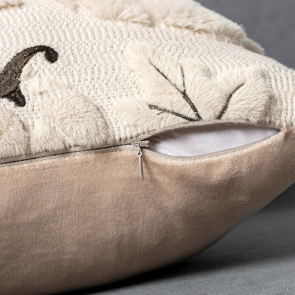 Fall Pumpkins Leaves Decorative Pillow Covers 18"x18", Beige Soft Plush Faux Fur Throw Cushion Cases - Set of 2