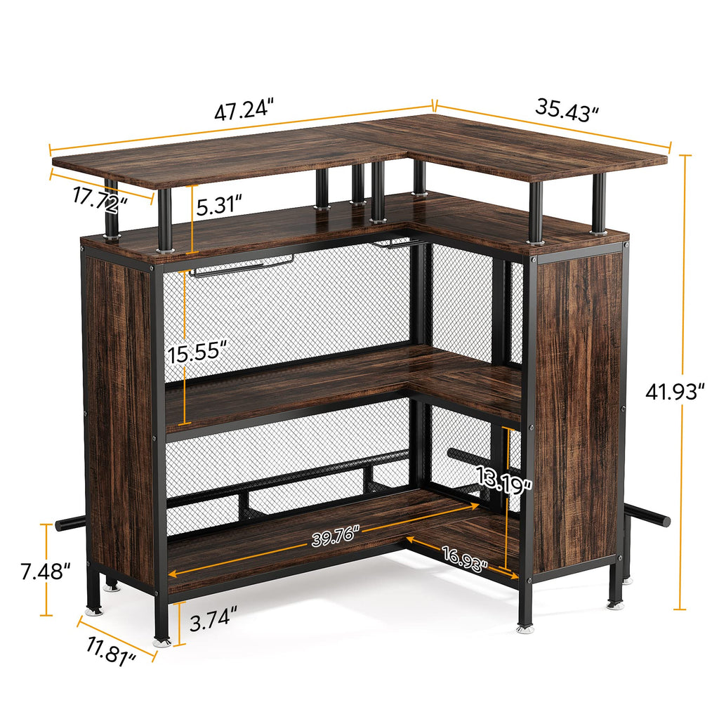 Bar Unit, L-Shaped Bar Table with Stemware Racks and 2-Tier Shelves, Corner Mini Coffee Liquor Cabinet with