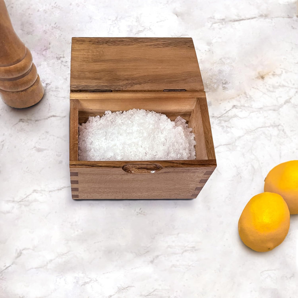 Acacia Wood Salt Cellar with Flip Lid, 20 oz Large Salt Box Counter, Salt Keeper for Gourmet Salts, Spices - Set of 20