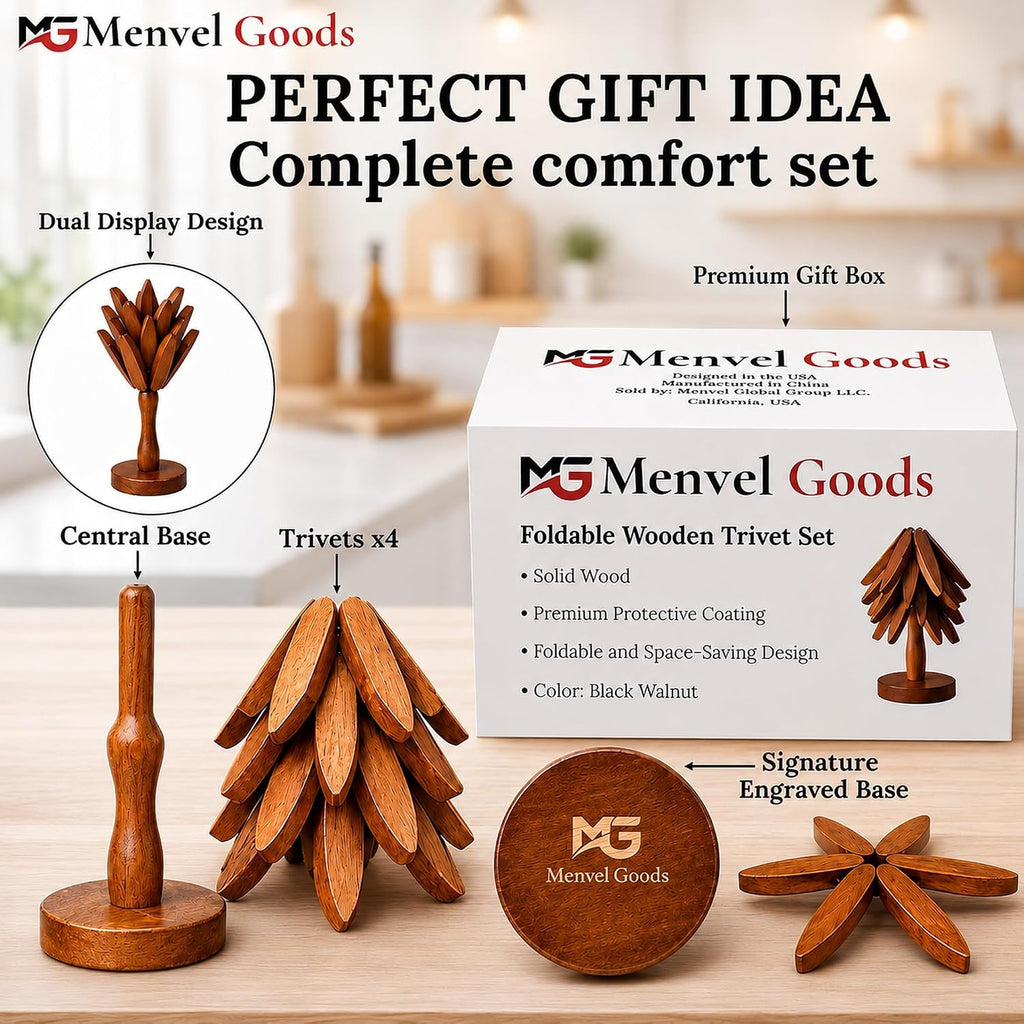 Foldable Black Walnut Wooden Trivet Set for Hot Dishes - 4 Trivets + 1 Stand for Hot Dishes, Tree Coasters, Pot - Set of 4