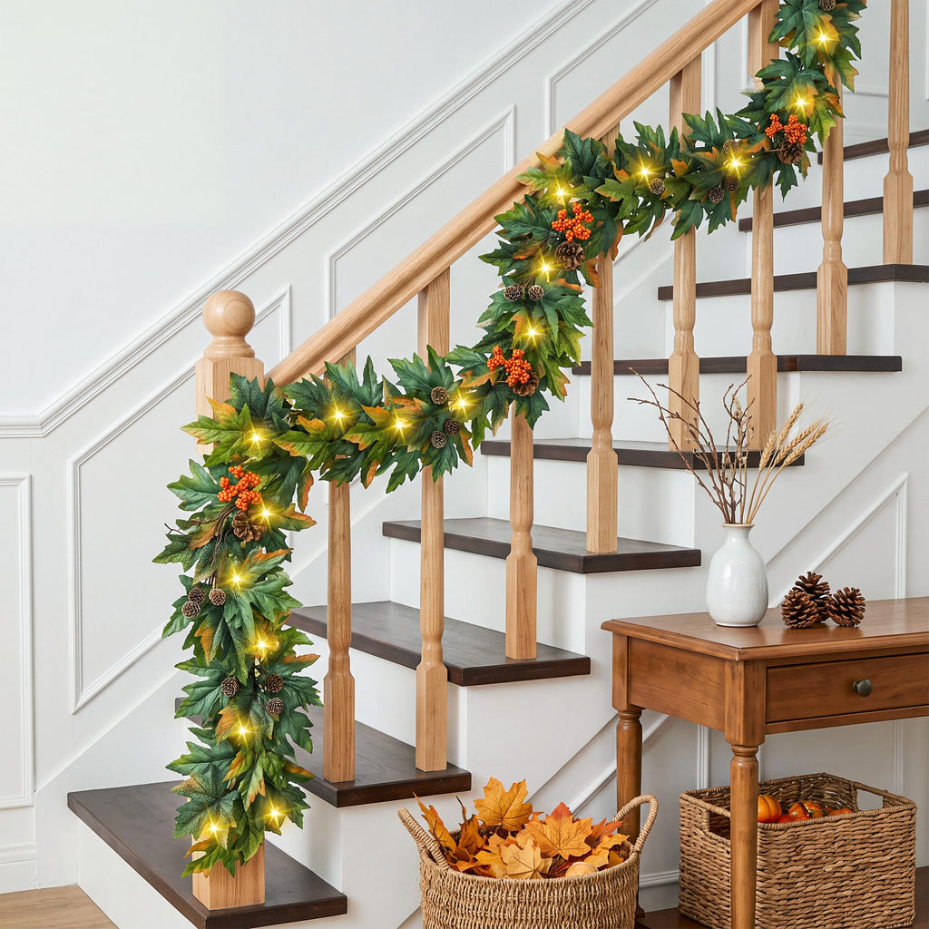 6ft Lighted Fall Garland with 30 Lights & Automatic Timer & Maple Leaves