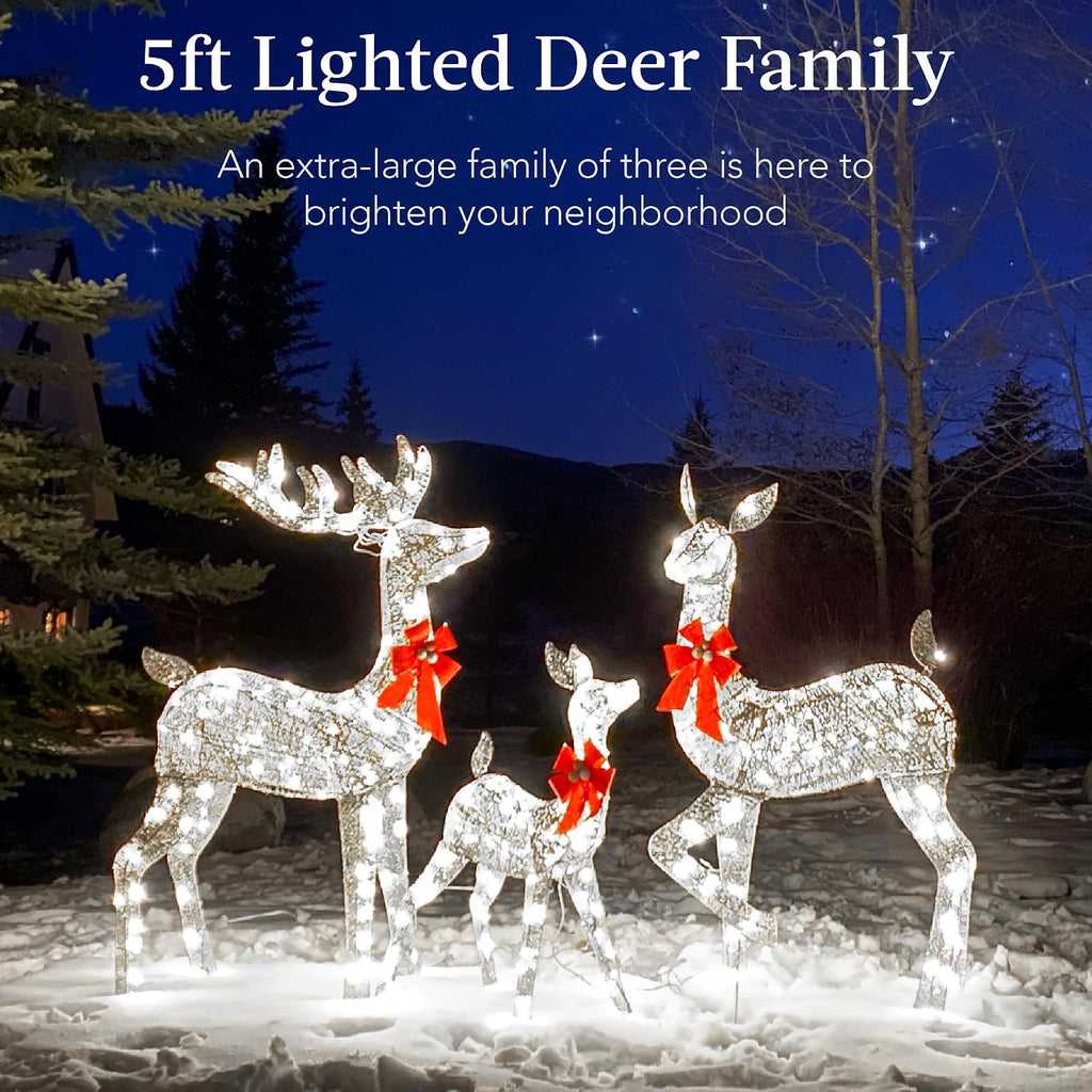 3-Piece Large Lighted Christmas Deer Family Set 5Ft Outdoor Yard Decoration with 360 LED Lights, Stakes, Zip Ties