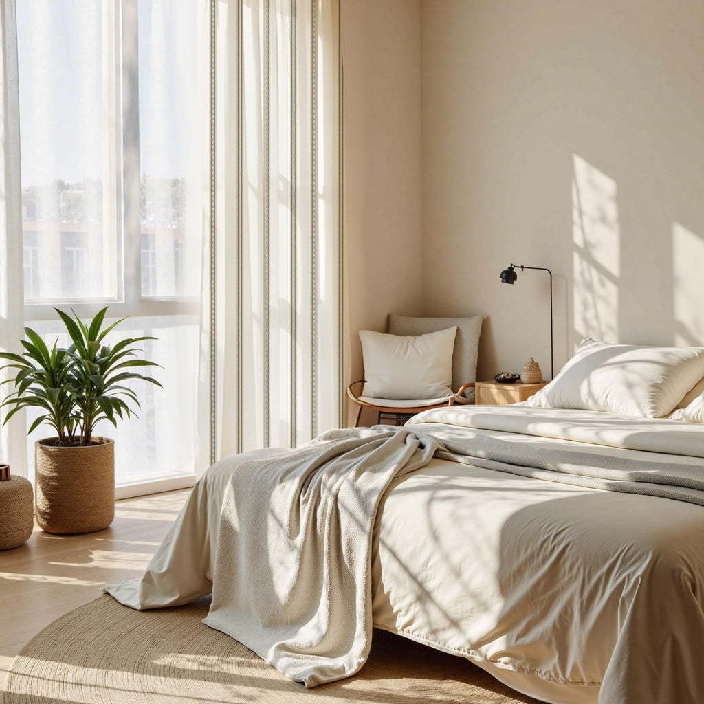 Stripe Linen Curtains 52 x 84 Inch Long - Taupe & White Classic Grommet Rustic Drapes, Light Filtering Window