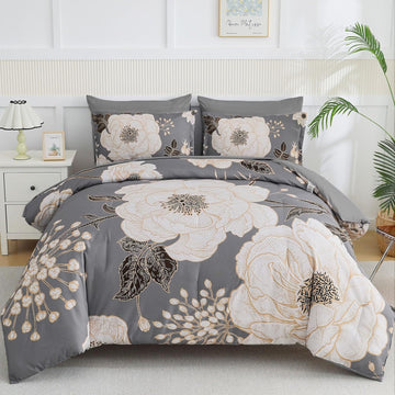 Floral King Comforter Set 7 Pieces Bed in a Bag, White Flower Print on Grey Bedding Set