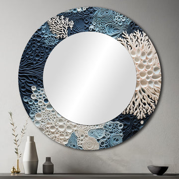 Coastal Wall Mirror, Round Beach Wall Mirror, Under Water Blue and White Corals Collage, Decorative Coastal Bathroom