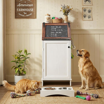 Dog Food Feeding Station Storage with Bowls, Pet Food Storage Cabinet with Flip-Top Blackboard, Hidden Trash Can, Pet
