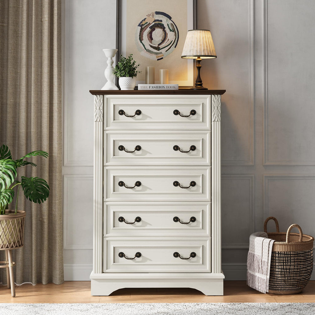 Antique White Dresser, 5 Drawers Dresser, Farmhouse Dresser, Wooden 5 Chest of Drawers with Thickened Wood Carving