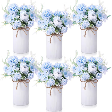 6 Sets Wedding Centerpiece for Table Decoration Light Blue Artificial Fake Rose Flower with Metal Vase Faux Silk Rose